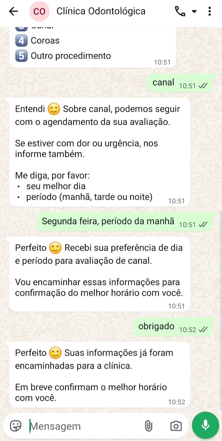 Print da NEXA IA coletando preferência de dia e período e encaminhando para a clínica