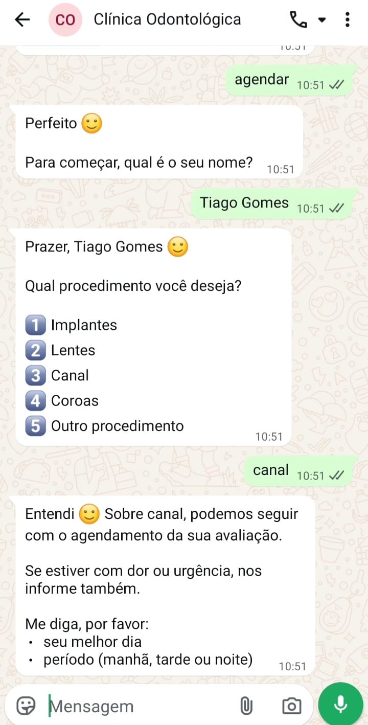 Print da NEXA IA coletando nome e procedimento desejado no WhatsApp